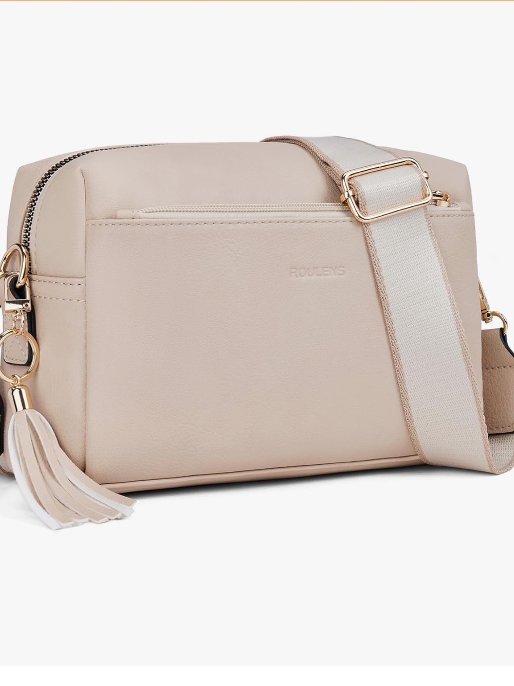 Roulens Beige Crossbody Bag with Tassel and Wide Strap